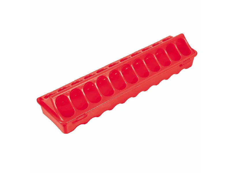 ---PLASTIC CHICK FEEDER ROUND HOLES 40,5x10,5x8cm red