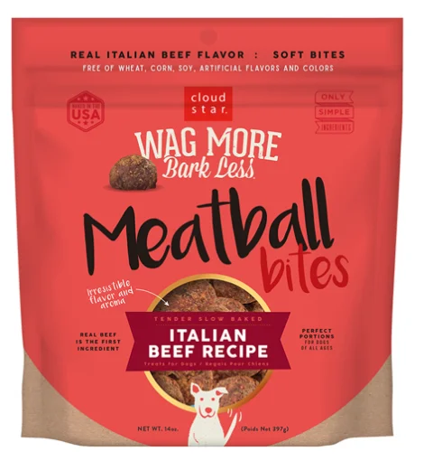 - Degradable pet feces bag14 OZ. WAG MORE BARK LESS GRAIN FREE MEATBALLS BEEF